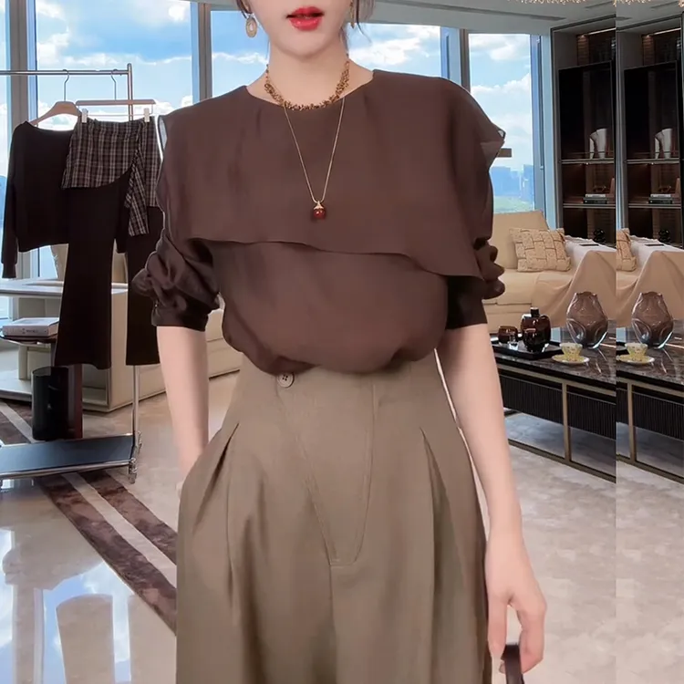 美拉德系不规则长袖衬衫女2025春秋新款衬衣宽松显瘦气质百搭上衣