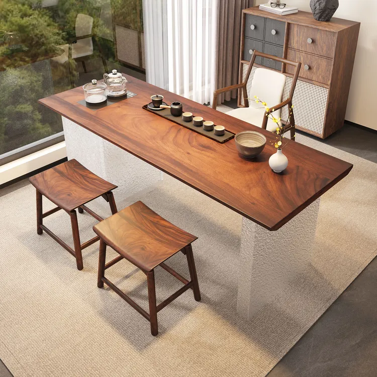 胡桃木实木阳台茶桌中古风家用泡茶桌禅意茶室大板桌烧水壶自动化