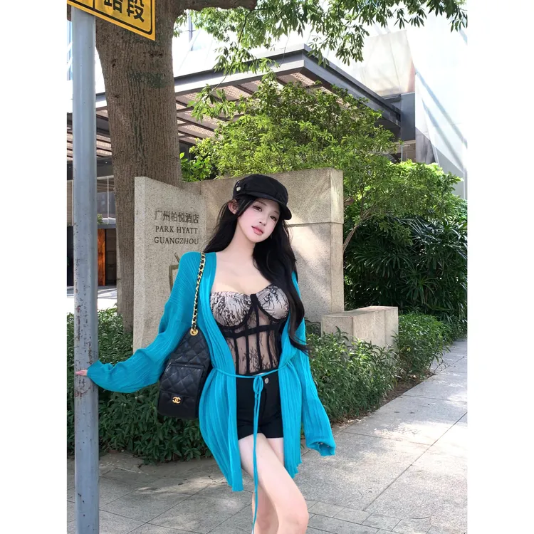 慵懒风宽松气质孔雀绿针织长开衫女重工软鱼骨胸垫蕾丝抹胸套装女
