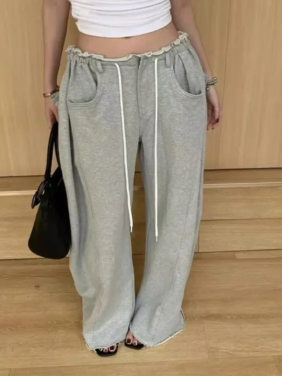 灰色抽绳卫裤美式垂感宽松阔腿裤休闲直筒长裤