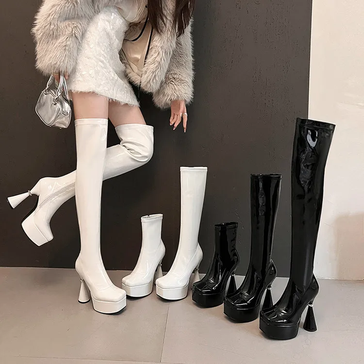 13cm超模高跟过膝靴女秋冬新款小个子增高显瘦漆皮长靴弹力瘦瘦靴