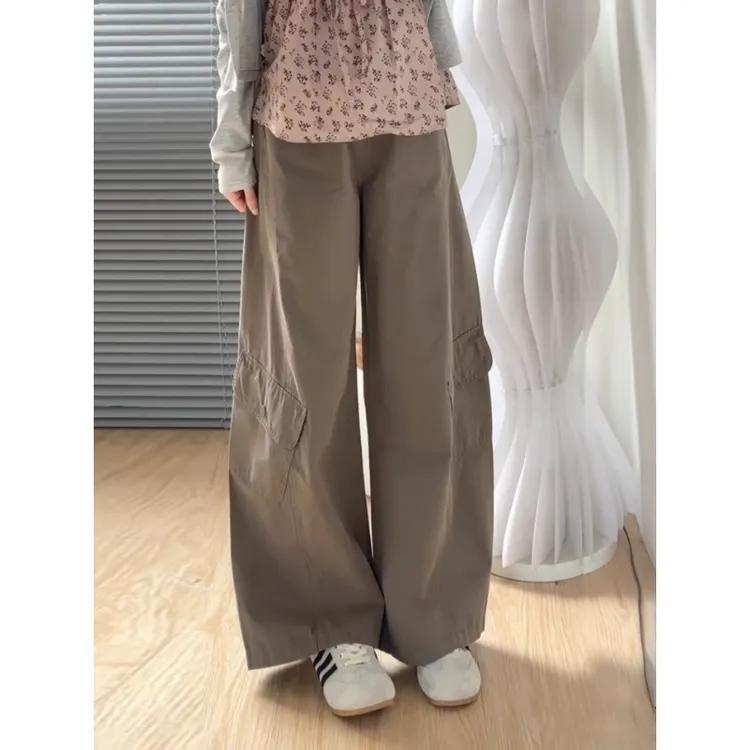 轻美式工装裤女款秋冬新款阔腿裤大码胖mm宽松显瘦梨型身材弯刀裤