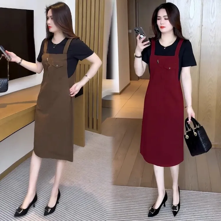 时尚假两件背带连衣裙女2025夏季新款洋气显瘦休闲中长款减龄裙子