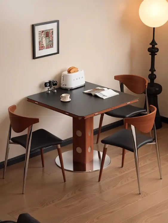 法式实木包豪斯功能餐台家用小户型轻奢岩板伯格正方形折叠圆桌椅