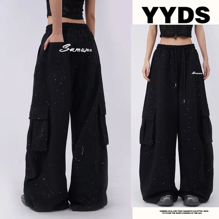 美式高街高级感烫钻黑色工装裤女夏季低腰宽松阔腿爵士跳舞运动裤