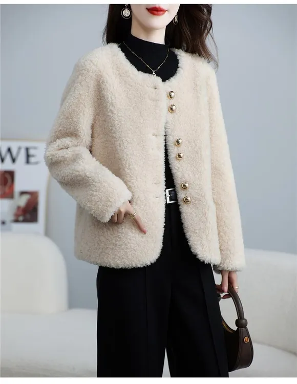 秋冬仿羊羔毛短款小个子小香风毛毛皮毛一体外套女洋气