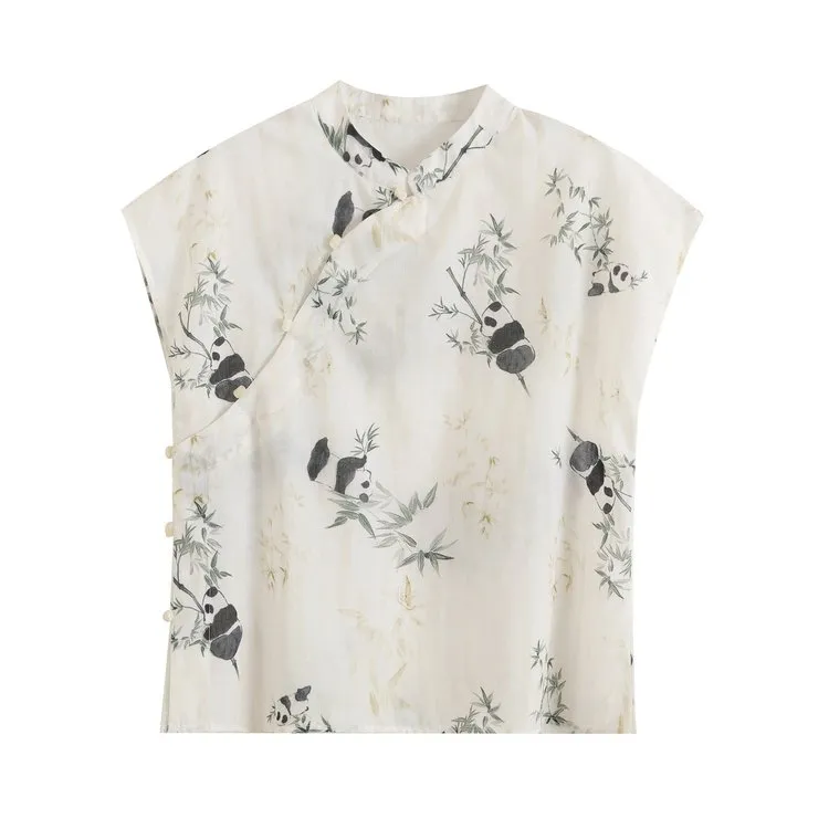 新中式盘扣上衣夏季圆领小飞袖复古印花盘扣短款衬衫女装轻薄上衣