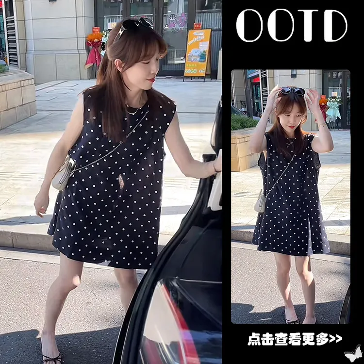 法式复古宽松无袖波点连衣裙女2025夏季新款裙子气质减龄背心短裙