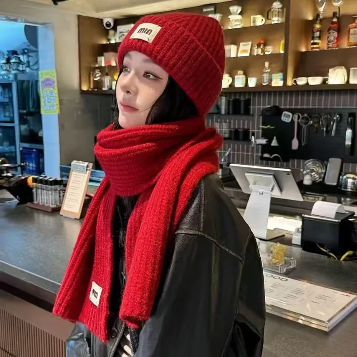 本命新年礼物红色毛线帽子围巾女秋冬季新款大头围针织帽围脖套装