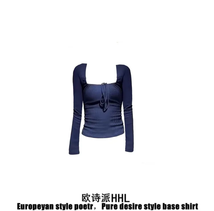 纯欲辣妹方领系带长袖t恤女秋冬内搭打底衫修身显瘦紧身收腰上衣