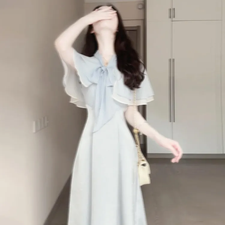 蓝色衬衫连衣裙子女夏季2025新款温柔高知穿搭巨好看气质收腰长裙