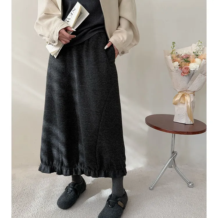 【圣诞款】半身裙子秋冬款加绒加厚木耳边松紧腰百搭显瘦洋气带口袋