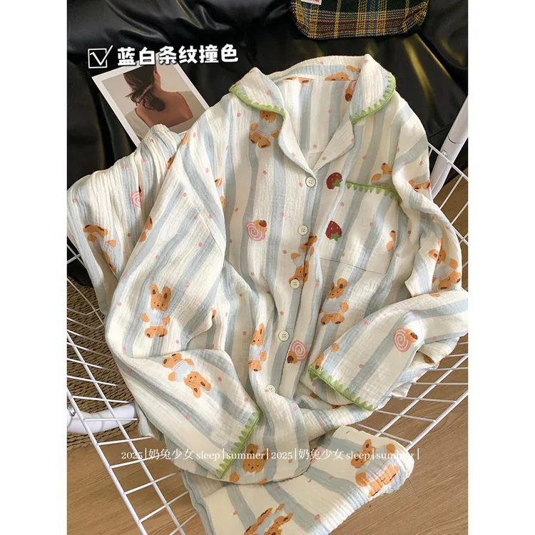 日系卡通条纹草莓兔叽睡衣女春秋季纯棉纱布甜美风休闲学生家居服