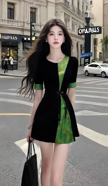 夏季新款温柔知性风设计感圆领短袖修身收腰连衣裙女显瘦气质女装