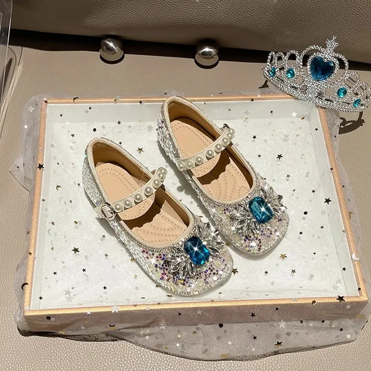 ABC女童艾莎水晶公主鞋2025新款蝴蝶结儿童宝宝皮鞋软底水钻单鞋
