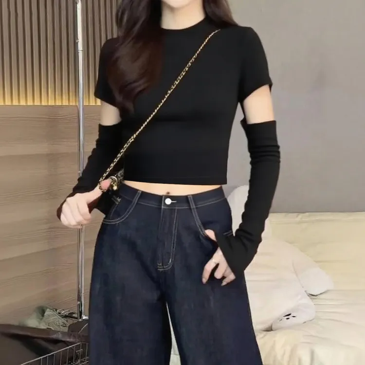 美式复古镂空破洞长袖T恤女2025早秋新款修身显瘦设计感小众上衣