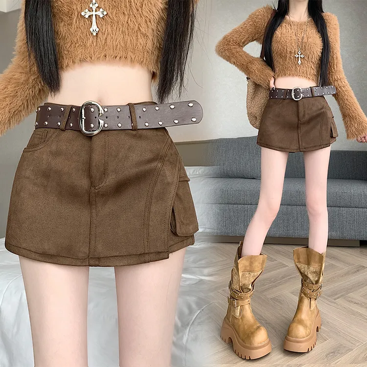 2025秋冬款甜酷辣妹工装风鹿皮绒高腰短裙弹力A字半身裙包臀裤裙