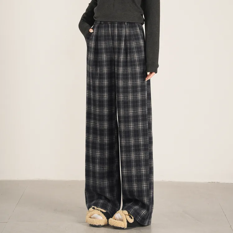 凌丹娜加绒加厚冬季高腰毛呢格子裤休闲复古撞色格纹直筒裤11137