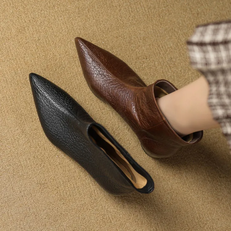 3.5cm~法式气质尖头高跟短靴女2025秋冬新款真皮百搭简约时装靴女