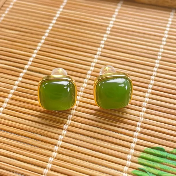 S925银镶俄料碧玉方糖耳钉女百搭新中式耳玉石饰 10mm ky0226e
