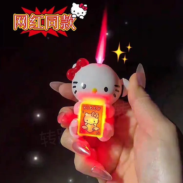 网红发光爆闪凯蒂猫手办防风充气打火机粉焰可爱送男友闺蜜礼物潮