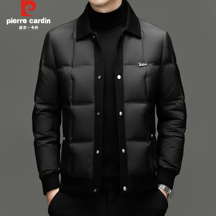 皮尔卡丹短款羽绒服男针织翻领休闲90白鸭绒外套时尚保暖冬装上衣