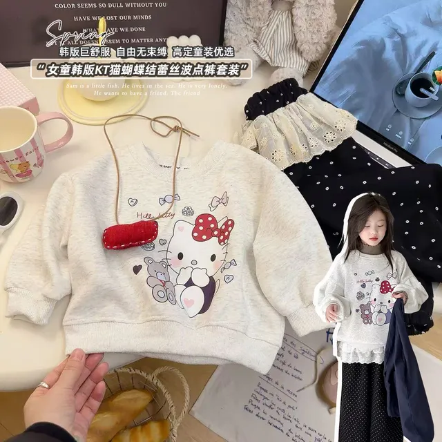 女童韩版卡通小猫卫衣蝴蝶结蕾丝波点裤套装2025春季新款FB034雅