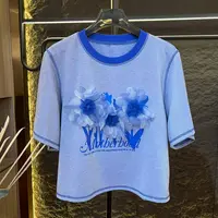 (果果专属)蓝色时尚花朵百搭女士夏季重工短袖圆领T恤A317