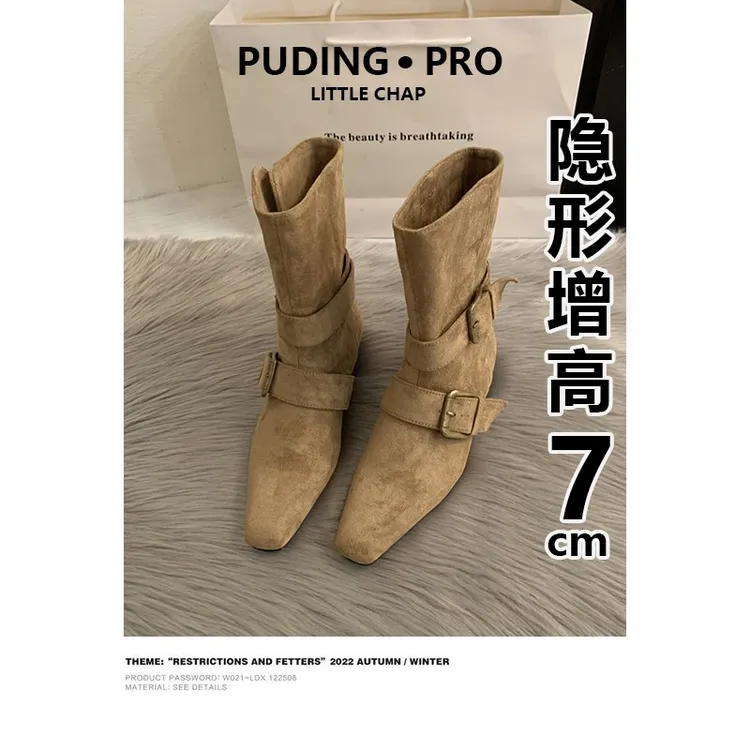 真皮版~内增高方头粗跟短靴2025新款复古小个子显瘦马丁靴时装靴