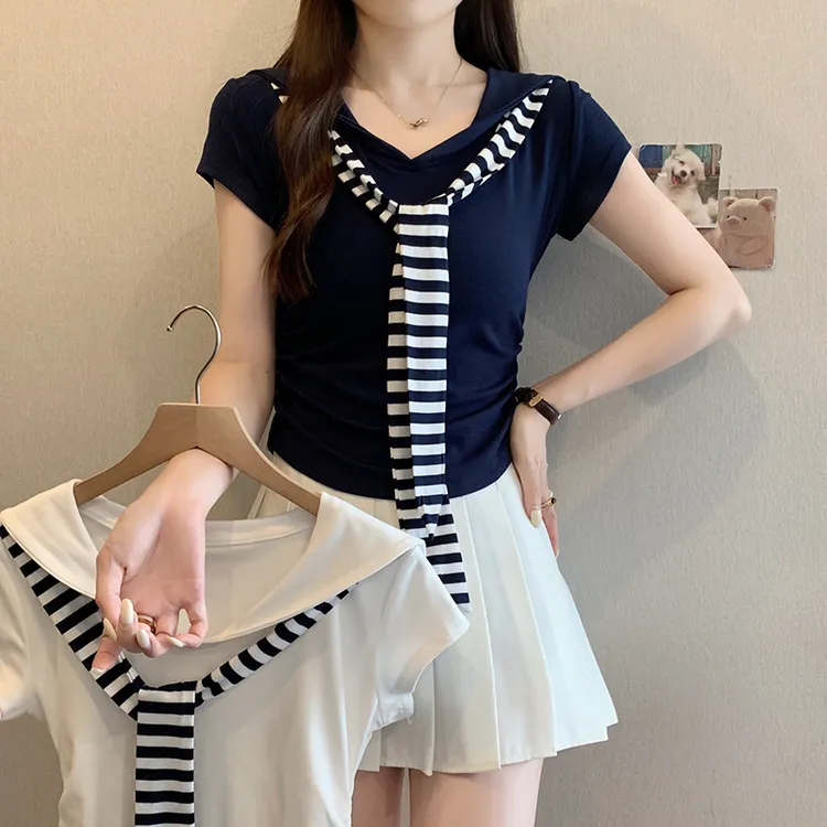 2025夏装新款胖mm大码女时尚减龄海军领拼接条纹披肩收腰短袖T恤