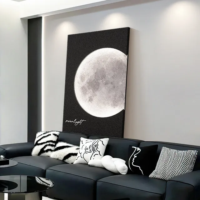 黑白简约月球客厅装饰画壁灯沙发背景墙挂画月亮客厅背景墙挂画