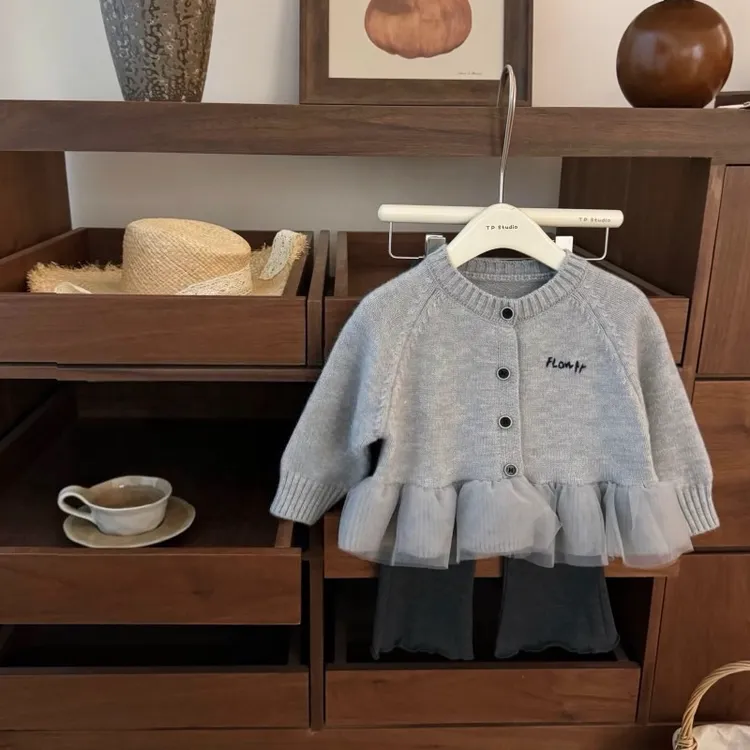 【奶芙家童装】甜系小仙女！韩系女宝花边毛衣针织开衫微喇裤套装潮