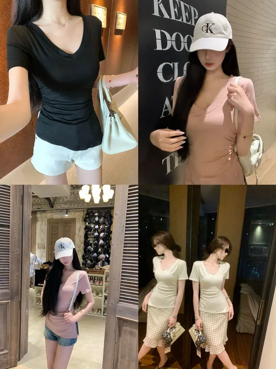 EIA一尧【无代餐】气质V领收腰钓系姐感t恤开叉上衣舒适显瘦ins夏季