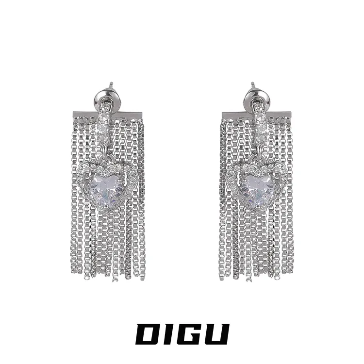 嘀咕家 铜合金合成锆石耳饰 前后式闪钻爱心链条瀑布流苏耳环耳饰