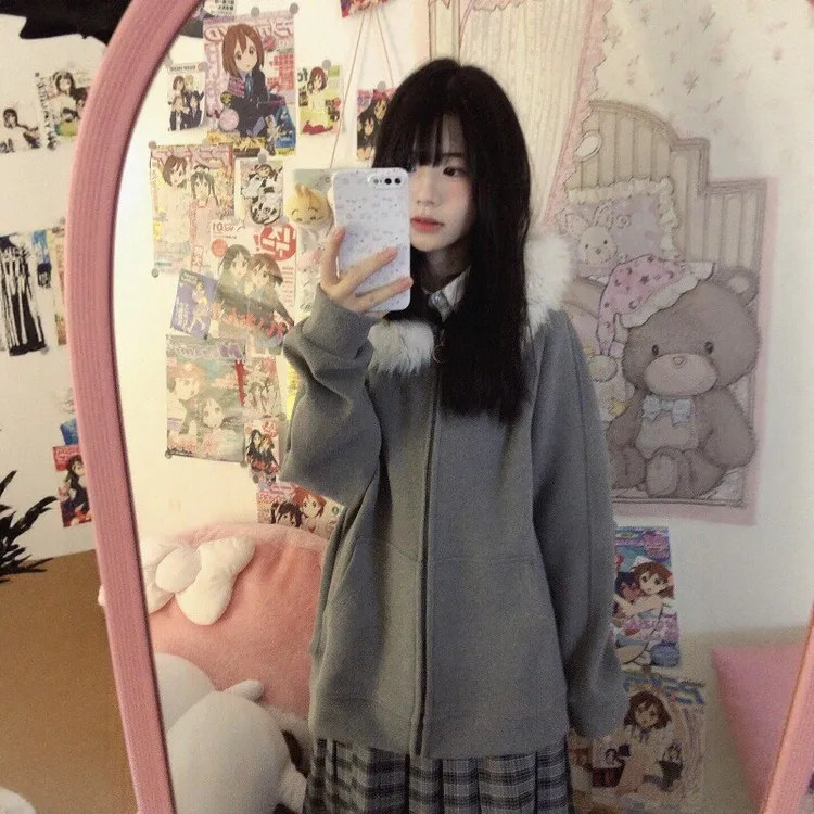 lulu秋冬连帽开衫卫衣jk宽松日系学院风百搭可拆卸毛领多色外套女