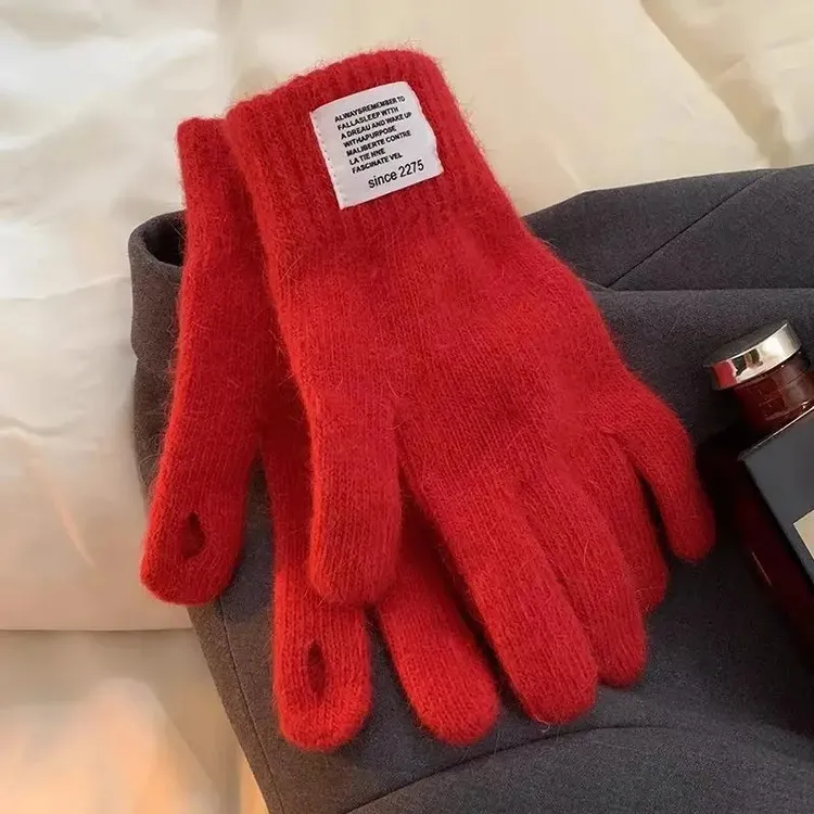 韩版纯色针织手套女冬季高级感保暖毛线毛茸茸防风露指可触屏百搭