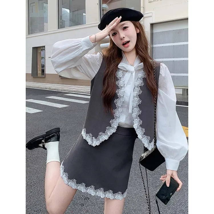 【三件套】【有里布】女2025春秋蕾丝花边马甲短裙白衬衫三件套HY0084