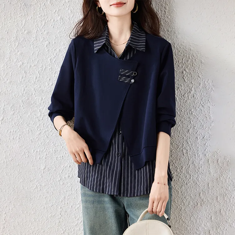 【女神新衣】时尚翻领条纹拼接假两件长袖衬衫女2026春季新款上衣