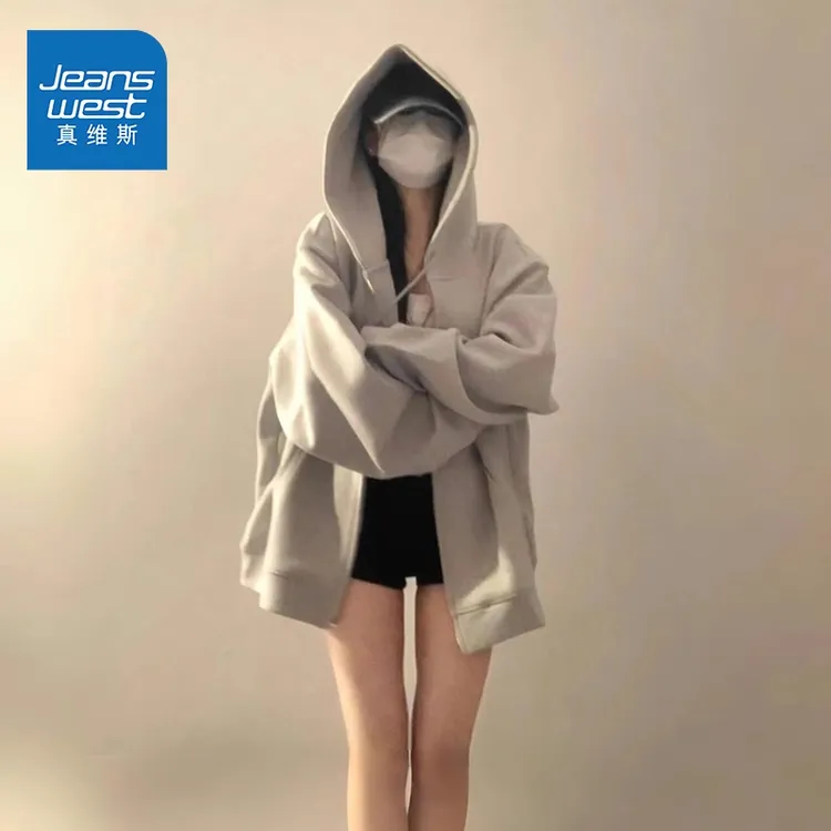 真维斯秋纯欲慵懒风女装休闲服饰美式复古灰色连帽开衫卫衣卫衣女