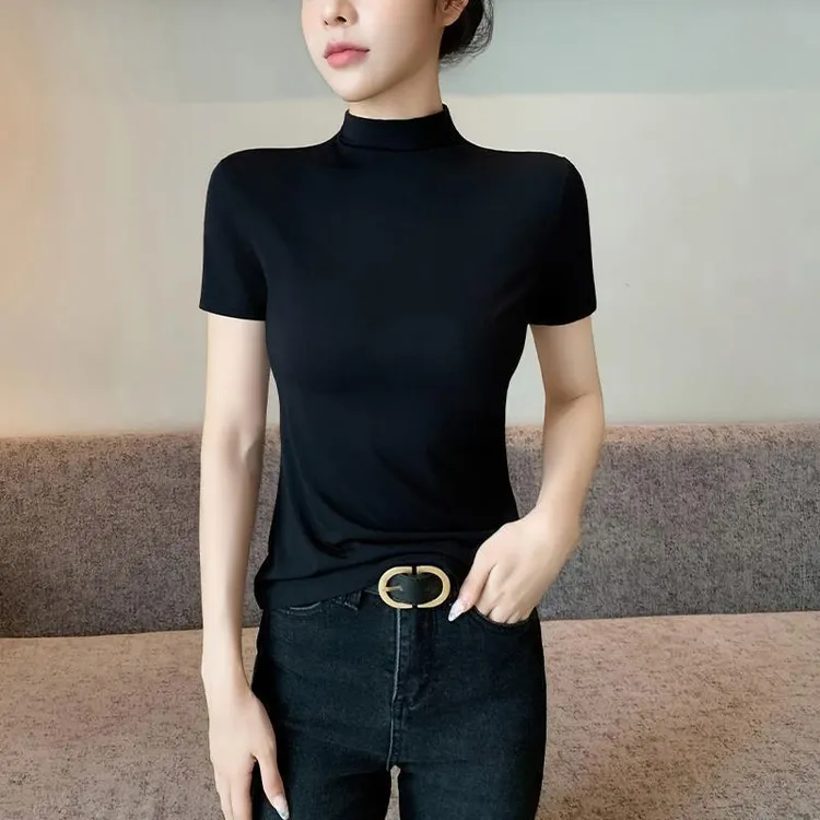 黑色半高领短袖t恤女2025春夏新款修身莫代尔打底衫紧身体恤上衣