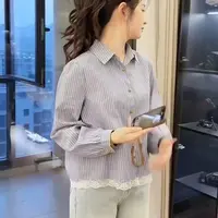 2025春夏韩版显瘦优雅设计感小众时尚减龄复古拼接蓝色细条纹衬衫