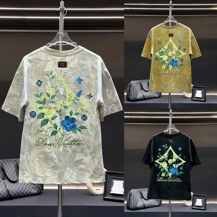 夏季撞色植物花卉刺绣印花情侣同款休闲时尚潮流百搭圆领短袖T恤