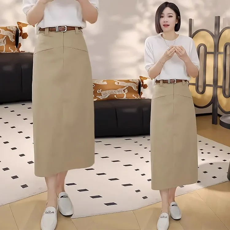 卡其色半身裙女2025春夏季新款高腰中长款西装裙a字梨型包臀裙子