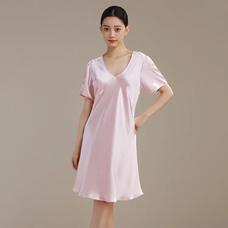 新款19姆米法式简约真丝睡衣裙桑蚕丝睡裙女高级感V领短袖家居服