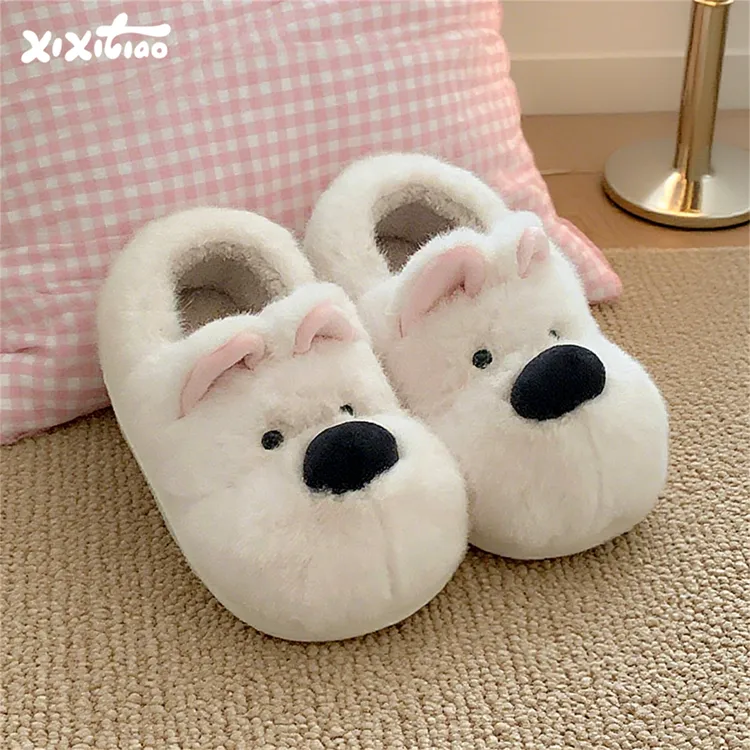 细细条 趣味西高地小狗棉拖鞋男女保暖包跟防滑情侣家用毛毛鞋冬