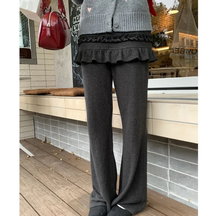 ANA宝藏珍妮 冬季原创韩版设计松紧腰微喇德绒木耳边长裤设计款女