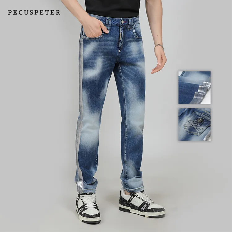 Pecus Peter2025早秋款PP银河蓝潮流烫银烫钻微弹舒适修身牛仔裤