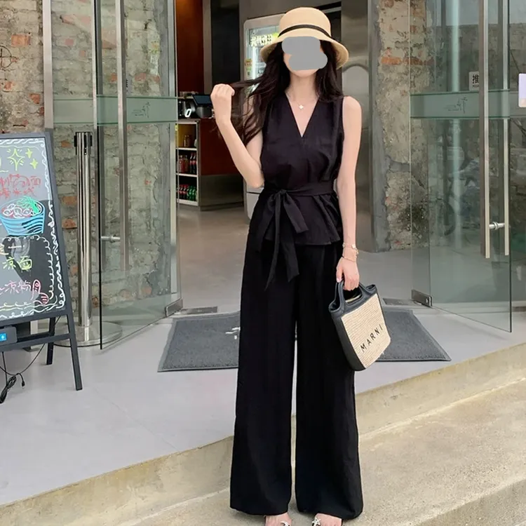 夏日绝美穿搭套装女2025新款夏季韩系高级感背心衬衫阔腿裤两件套