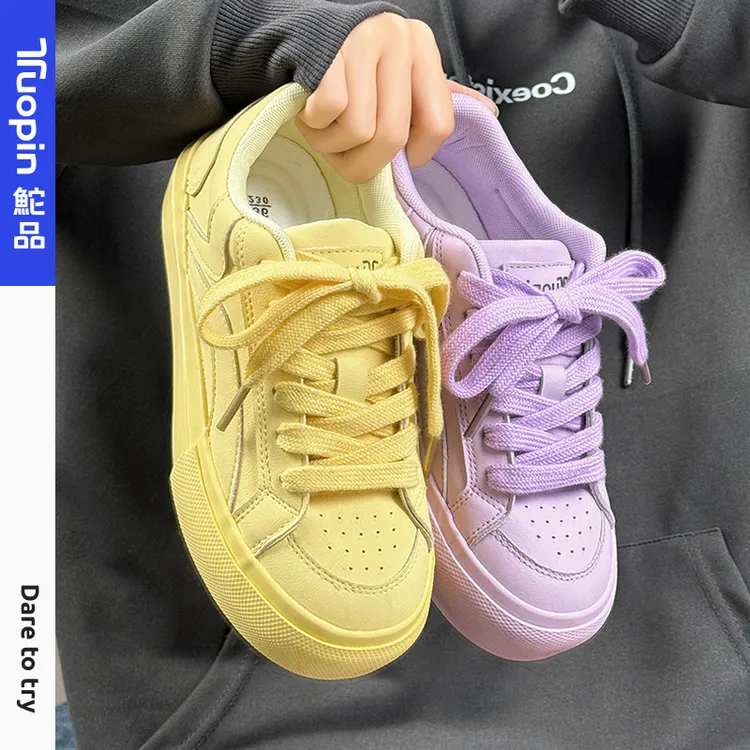 鮀品黄紫鸳鸯鞋女2025春季新款多巴胺面包鞋百搭厚底休闲运动板鞋