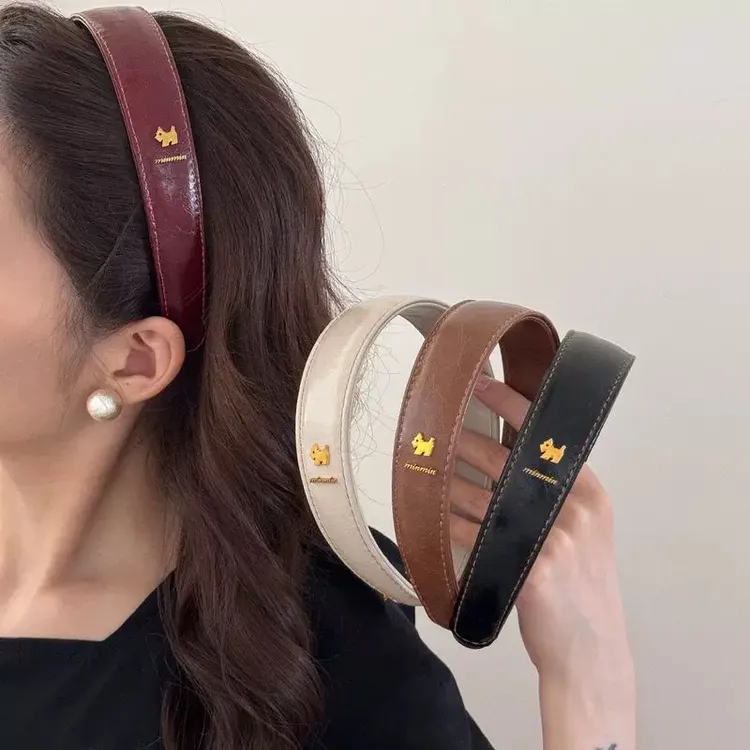 复古皮质小狗造型宽边发箍2025新款高级感日常百搭高颅顶头箍发饰